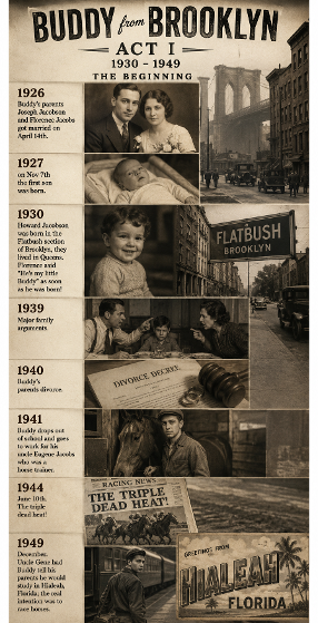 Buddy from Brooklyn - Visual Graphic 1926 - Buddy's parent's Joseph Jacobson and Florence Jacobs got married on April 14th. 1927 - on Nov 7th the first son was born. 1930 - Howard Jacobson was born in the Flatbush section of Brooklyn, they lived in Queens. Florence said