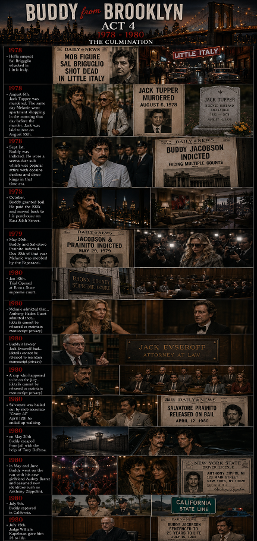 Act 4 1978 - 1980 THE CULMINATION 1978 - Hoffa suspect Sal Briguglio whacked in Little Italy 1978 - August 6th. Jack Tupper was murdered. The same day Melanie went apartment shopping in the morning that day before the murder. Jack was laid to rest on August 10th. 1978 - Sept 1st. Buddy was indicted. He wore a seersucker suit which was popular attire with cocaine dealers and disco kings in that time era. 1978 - October. Buddy granted bail. He paid the 100k and moved back to his penthouse on East 84th Street. 1979 - May 29th. Buddy and Salvatore Prainito indicted. Dec 10th of that year Melanie was mobbed by the Paparazzi. 1980 - Jan 30th. Trial Opened at Bronx State supreme court. 1980 - Melanie admitted that... Anthony Haden Guest admitted that... (details cannot be released in order to maintain manuscript privacy) 1980 - Buddy's lawyer Jack Evseroff had... (details cannot be released in order to maintain manuscript privacy) 1980 - A cop who happened to be on the jury... (details cannot be released in order to maintain manuscript privacy) 1980 - Salvatore was bailed out by mob associate