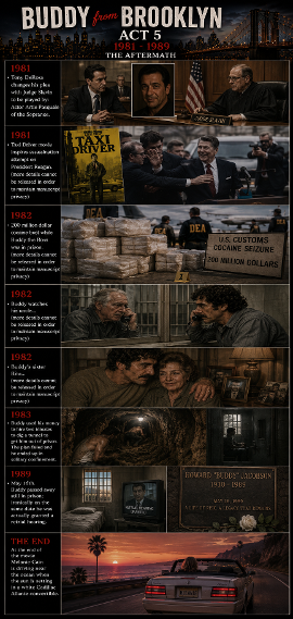 1981 - Tony DeRosa changes his plea with Judge Slavin to be played by: Actor Artie Pasquale of the Sopranos. 1981 - Taxi Driver movie inspires assassination attempt on President Reagan. (more details cannot be released in order to maintain manuscript privacy) 1982 - 200 million dollar cocaine bust while Buddy the Boss was in prison. (more details cannot be released in order to maintain manuscript privacy) 1982 - Buddy watches his uncle... (more details cannot be released in order to maintain manuscript privacy) 1982 - Buddy's sister Rita... (more details cannot be released in order to maintain manuscript privacy) 1983 - Buddy used his money to hire two inmates to dig a tunnel to get him out of prison. The plan failed and he ended up in solitary confinement. 1989 - May 16th. Buddy passed away still in prison; ironically on the same date he was actually granted a retrial hearing.
